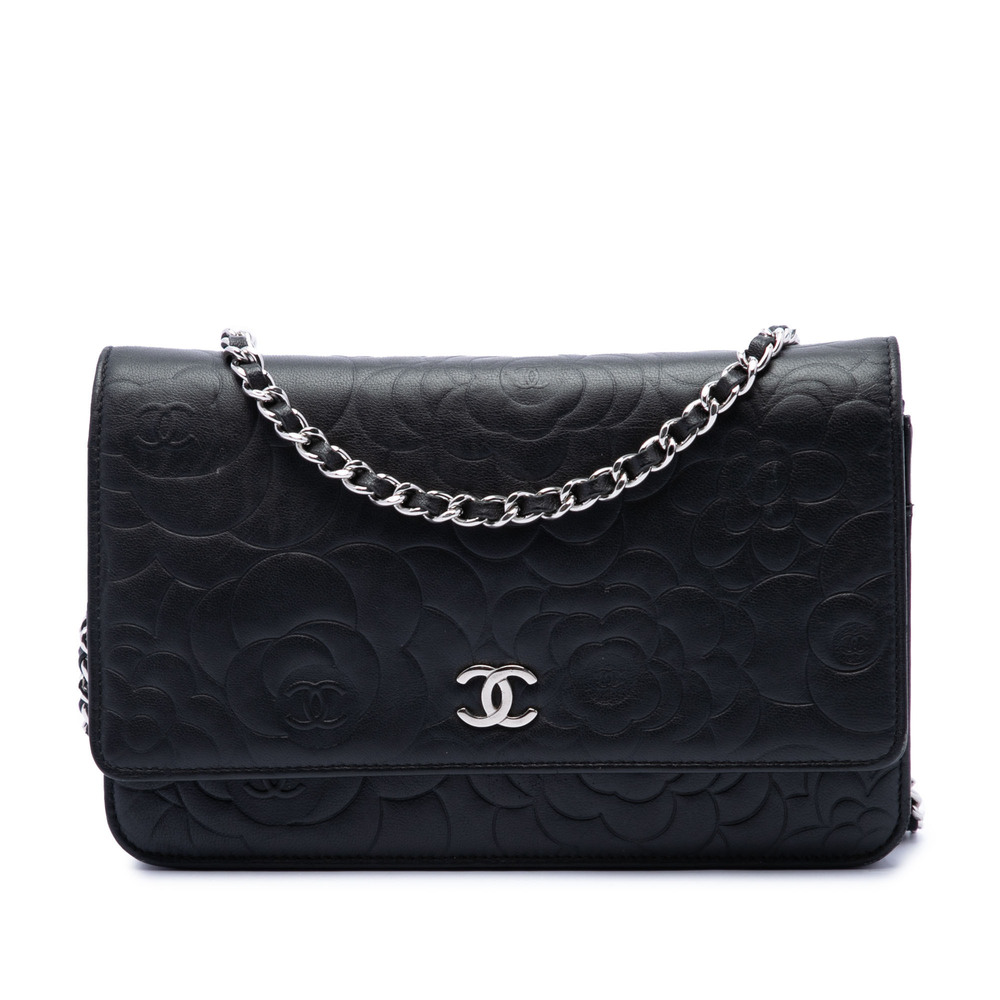 Pre-Loved Chanel CC Embossed Lambskin Camellia Wallet On Chain